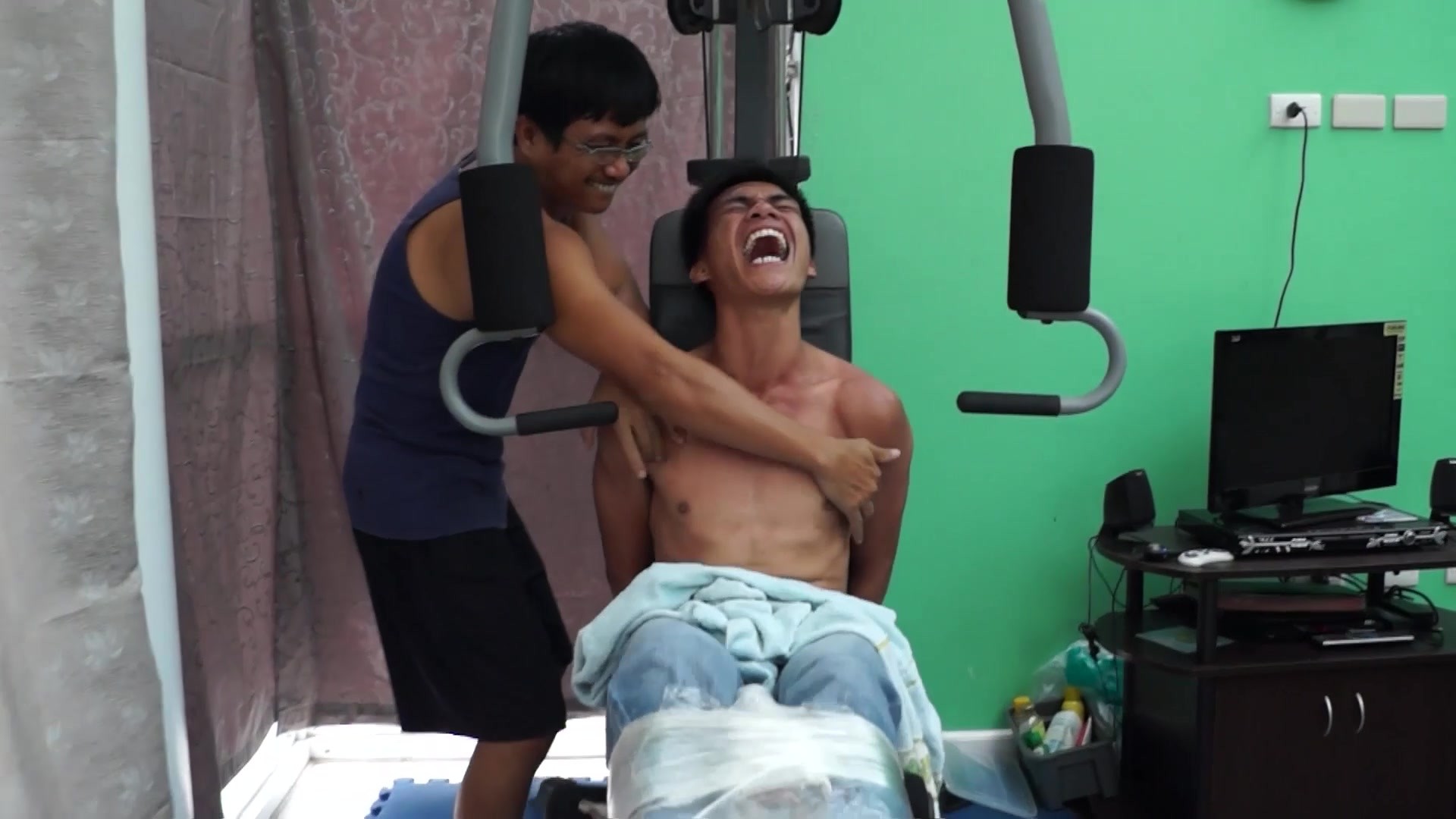 Ricky Tickles Argie's Feet On The Gym